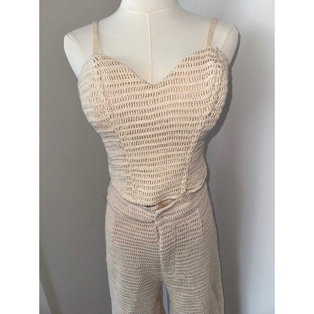 JLUXLABEL Beige Crochet Knit Bustier Wide Leg Pants Set M - Picture 3 of 8